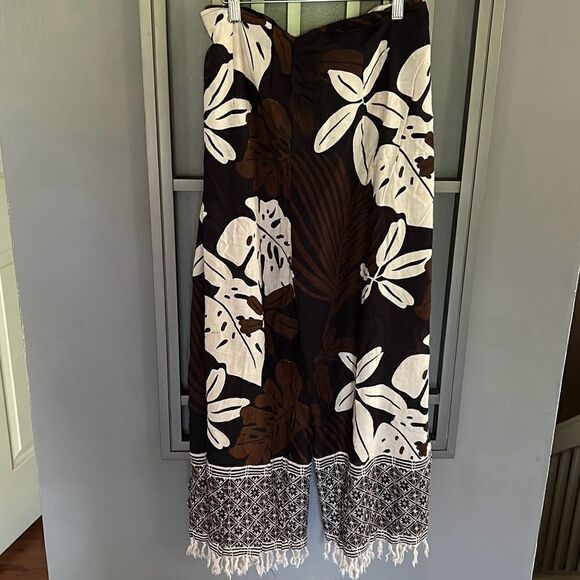 Leaf print wrap pants with fringe one size brown beige black  bathing suit cove - Picture 4 of 5